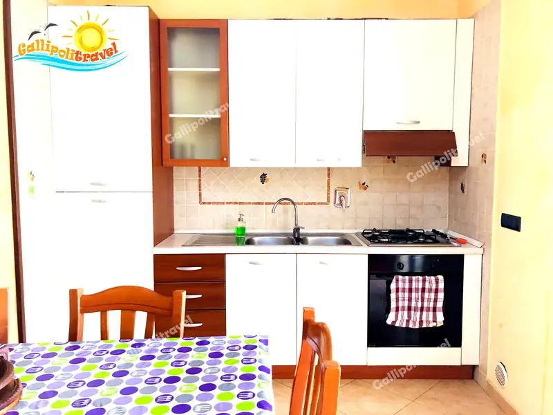 Cucina del Trilocale D1/3 con piastrelle decorate a uva, fornelli e forno