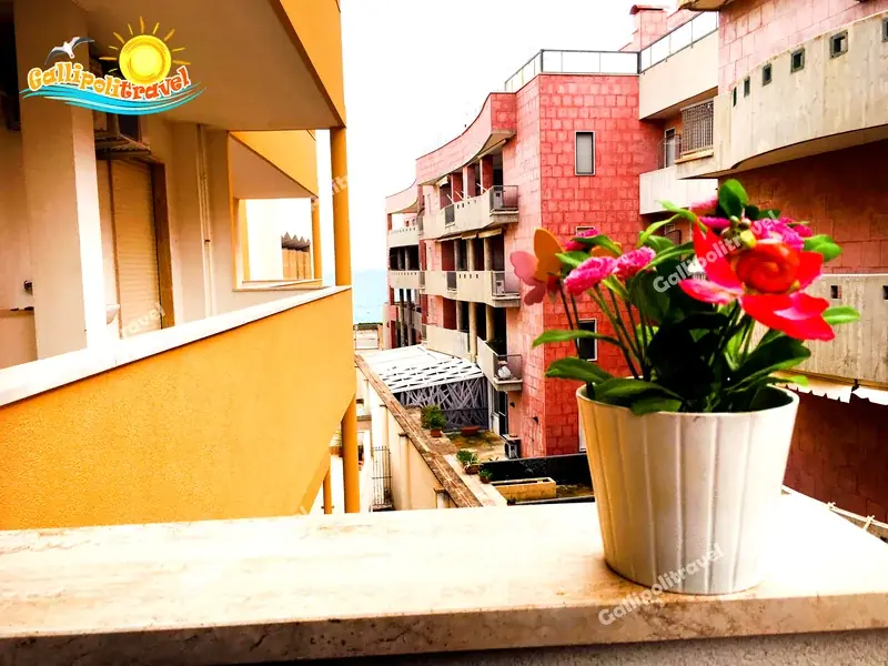 Particolare del balcone del Trilocale H2/2 con fiori rosa e scorcio sul mare